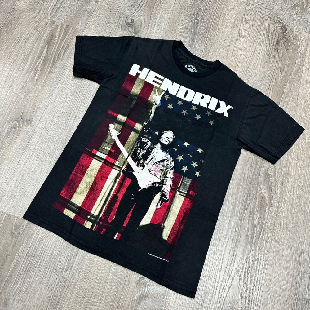 Authentic Jimi Hendrix Mens Small Black Graphic T-Shirt American Flag Rock Band - Picture 2 of 9